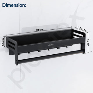Plantex Aluminium Multipurpose Bathroom Shelf with Towel Rod and Movable Hooks/Rack Shelf for Bathroom/Kitchen Shelf Organizer (Black)