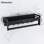 Plantex Aluminium Multipurpose Bathroom Shelf with Towel Rod and Movable Hooks/Rack Shelf for Bathroom/Kitchen Shelf Organizer (Black)