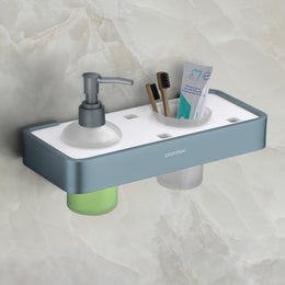 Plantex Aluminium and Acrylic 2 in 1 Shampoo Dispenser with Toothpaste Holder/Liquid Soap Dispenser with Tumbler Holder/Bathroom Accessories - (Grey and Milky White)