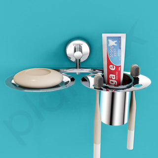Plantex Stainless Steel Soap Dish with Tumbler Holder/Soap Dish with Toothpaste Holder/Soap Holder for Bathroom/Bathroom Accessories (Chrome)