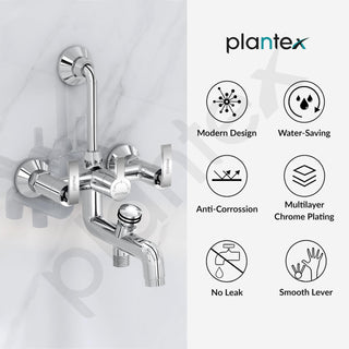 Plantex Pure Brass 3 in 1 Wall Mixer for Bathroom with L-Bend Provision for Overhead and Hand Shower/Mixer Tap for Bathroom with Water Saving Nozzle and Brass Wall Flange (COL-1019-Chrome)