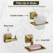 Plantex 304 Grade Stainless Steel Bathroom Accessories Set of 5 - Towel Stand/Napkin Ring/Soap Dish/Toothbrush Holder/Robe Hanger - Squaro (Brass Antique)