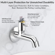Plantex Pure Brass ICO-902 Bib Cock Water Tap with Water Saving Aerator/Water Tap for Bathroom with Brass Wall Flange and Teflon Tape- 7 Year Warranty (Long Body-Chrome)