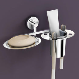 Plantex Stainless Steel Soap Dish with Tumbler Holder/Soap Dish with Toothpaste Holder/Soap Holder for Bathroom/Bathroom Accessories (Chrome)