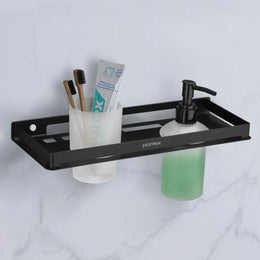 Plantex Liquid Soap Dispenser with Tumbler Holder for Bathroom/Stainless Steel 2 in 1 Shampoo Dispenser with Toothpaste Holder/Bathroom Accessories - Pack of 1 (Black)