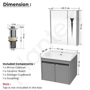 Plantex Wall Mount Vanity Cabinet with Washbasin and Mirror/Rectangular Basin with Cabinet for Bathroom - (Clara - 600, Grey)
