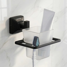 Plantex 304 Grade Stainless Steel Tumbler Holder for Bathroom/ABS Tooth Brush Stand/Bathroom Accessories - Squaro (Black)