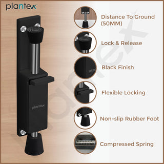 Plantex Kickdown Door Stopper Spring Loaded Telescopic Step On/Off Door Stopper Rubber, Adjustable Heavy Duty Door Locks Holder Stop/Release by Foot - Pack of 1 (Black)