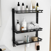 Plantex Self Adhesive Stainless Steel Shelf/Bathroom Organiser Without Drill/Shelf for Bathroom with Soap Dish/Toothbrush Holder/3 Tier Multipurpose Rack with Hooks (Black)