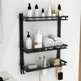 Plantex Self Adhesive Stainless Steel Shelf/Bathroom Organiser Without Drill/Shelf for Bathroom with Soap Dish/Toothbrush Holder/3 Tier Multipurpose Rack with Hooks (Black)