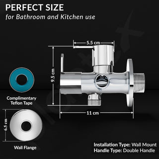 Plantex FLO-808 Pure Brass 2-Way Angle Valve/Angle Cocke for Bathroom With Brass Wall Flange & Teflon Tape (Mirror-Chrome Finish)