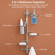 Plantex J4 Stainless Steel 5in1 Bathroom Set/Soap Holder for Bathroom Wall/Soap Dispenser Set /ToothBrush Holder/Robe Hook for Bathroom/Bathroom Accessories- Pack of 1 (Chrome)