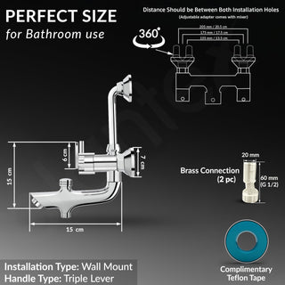 Plantex Pure Brass Wall Mixer for Bathroom 3 in 1 with L-Bend Provision for Overhead and Hand Shower/Mixer Tap for Bathroom with Water Saving Nozzle and Brass Wall Flange (Bal-519-Chrome)
