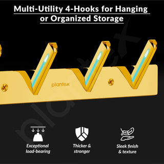 Plantex Wall Hooks for Hanging Cloth/Stainless Steel Towel Hangers/Bathroom Robe Hooks/Door Hangers/Square Wall Hook/Hook Rail for Hanging Keys - 4 Hooks (Pack of 3, PVD Gold)