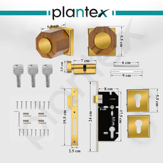 Plantex Heavy Duty Door Lock/Stainless Steel and Wooden Main Door Mortise Lock Handle/Handle Set for Home/Office/Door Accessories (Gold, Wooden)