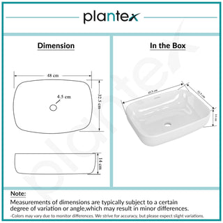 Plantex Platinum Ceramic Tabletop Rectangular Wash Basin/Washbasin for Bathroom/10 Years Glaze Warranty by Plantex/Small Wash Basin (White - 18 x 13 x 5 Inch)