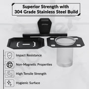 Plantex 2in1 Soap Dish with Tumbler Holder for Bathroom/304 Grade Stainless Steel Soap Holder with Toothbrush Holder/Bathroom Accessories - Pack of 1 (PMB-2409, Z-Black)