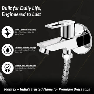 Plantex Pure Brass 2 in 1 Tap for Washing Machine/2-Way Bib Cock for Bathroom with Brass Wall Flange & Teflon Tape - (Chrome)