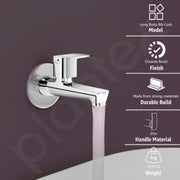 Plantex Long Body Bib Cock for Bathroom with Water Saving Aerator and Brass Spindle/Wall Mount Bib Tap with Wall Flange and Teflon Tape for Bathroom(Kromo-Chrome)