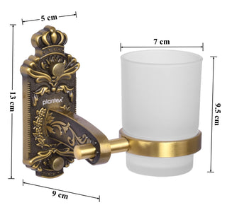 Plantex Antique Aluminium Tumbler Holder/Matt Glass Tooth Brush Stand/Bathroom Accessories (Brass-Antique Finish)