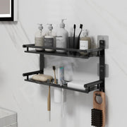 Plantex 5in1 Bathroom Organiser Without Drill/Stainless Steel Bathroom Shelf/Rack with Steel Soap Stand for Wall/Tumbler/Brush Holder/Bathroom Fittings Accessories Set (Black)
