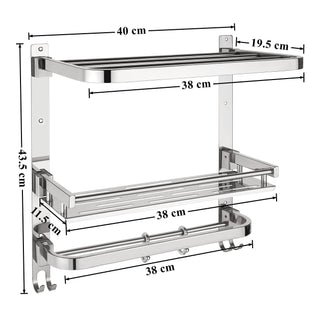 Plantex Folding Bathroom Shelf for Wall/304 Grade Stainless Steel Shelf for Bathroom with Hooks and Towel Rod/Rack/Premium Multipurpose Organizer (3-Tier, Chrome)
