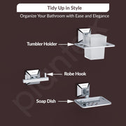 Plantex 304 Grade Stainless Steel Bathroom Accessories Set of 5 - Towel Stand/Napking Ring/Soap Holder/Toothbrush Stand/Robe Hanger - Squaro (Chrome)