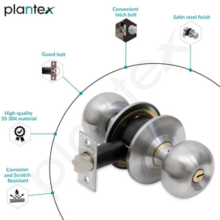 Plantex Stainless Steel Door Lock - Cylindrical Lock With 3 Keys/Tubular Door Knob/Lock For Main Door/Bedroom (Matt)