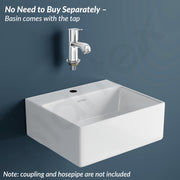 Plantex Ceramic Basin with Stainless Steel Pillar Cock/Wall Hung Basin/Deck Mount Tap/Basin for Bathroom - (Cuba - Combo)