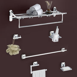 Plantex Stainless Steel Folding Towel Rack with Stainless Steel 304 Grade Squaro Bathroom Accessories Set 5pcs (Towel Rod/Napkin Ring/Tumbler Holder/Soap Dish/Robe Hook)