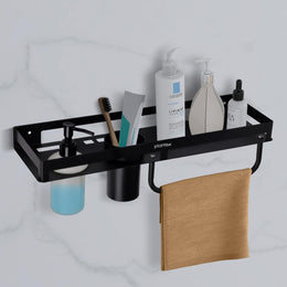 Plantex 4in1 Bathroom Shelf for Wall/Stainless Steel Multifunctional Rack for Bathroom with Tumbler Holder/Liquid Soap Dispenser/Napkin Holder/Bathroom Accessories Set (Matt Black)