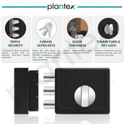 Plantex Heavy Duty Tri Bolt Lock with Key & Knob for Main Door/Suitable on Single Door for Home/Office/Hotel - (Z-Black)