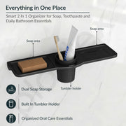 Plantex Double Soap Dish with Tumbler Holder/Acrylic Soap Stand with Tumbler for Bathroom/Soap Holder/Bathroom Accessories - Pack of 1 (VIB-119, Black)