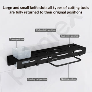 Plantex Self Adhesive Kitchen Cutlery Organizer/Knife Holder/Cutlery Stand/Spatula-Ladle Holder with Adjustable Hooks and Towel Hanger (Black)