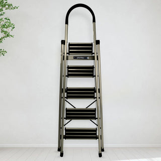 Plantex Guardex 5 Step Foldable Aluminum Ladder for Home/Ladder with Anti-Slip Shoes and Edge Guards/5 Year Manufacturer Warranty (Anodize Coated-Gold)