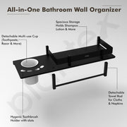 Plantex Stainless Steel 3in1 Multipurpose Bathroom Shelf/Rack/Towel Hanger/Tumbler Holder/Bathroom Accessories (15 x 6 Inches-Matt Black)