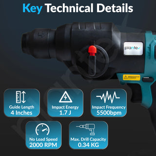 Plantex Electric Hammer Drill, 1.7J Impact Energy, SDS Chuck, Variable Speed 0-2000 RPM, Ideal for 6-10mm Boreholes – Heavy Duty Rotary Hammer - Black (Mainframe, Battery & Charger Not Included)