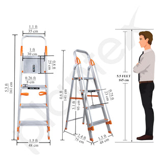 Plantex Secura 4 Step Ladder for Home/Aluminium Foldable Ladder with Safe Hand Rail (Orange-Silver)