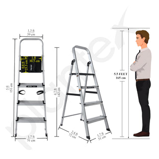 Plantex Big Foot 4 Step Ladder for Home/Fully Aluminium Folding Ladder/Wide Anti-Skid Steps (Black-Silver)