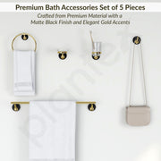 Plantex Self Adhesive Stainless Steel and ABS Bathroom Accessories Set/soap Holder for Bathroom/Tumbler Holder/Towel Rod/Towel Ring for Washbasin/Robe Hook - Set of 5 (Matt Black & Gold)