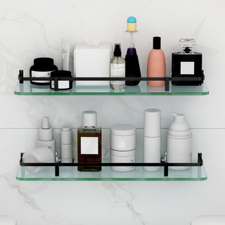 Plantex Shelf for Bathroom/Frosted Glass Shelf with Brass Railing and Brackets/Wall Mount Shelf for Living Room/Kitchen - Pack of 2 (18 x 6 inch, Black)