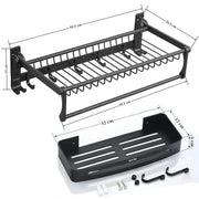 Plantex Aluminum Towel Rack/Towel Rod with Shelf for Bathroom Organizer/Towel Hanger with Hooks/Storage Shelf/Wall Mount - Bathroom Accessories (Black)