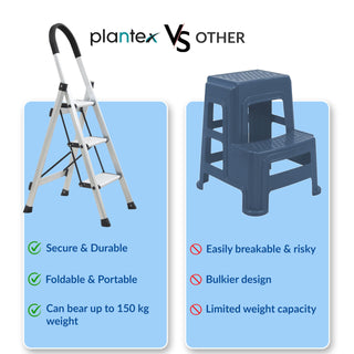 Plantex Surestep 3 Step Aluminum Ladder for Home Use/Wide Anti-Slip Steps/Foldable Ladder with Anti Skid PVC Shoes, 3 Steps Kitchen Stool (Anodize-Silver)