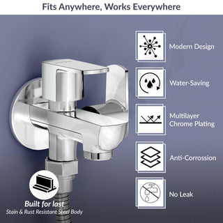 Plantex Two Way Tap for Washing Machine/Quarter Turn 2 in 1 Bib Cock/Wash Basin tap with Teflon Tape and Wall Flange/2 Way Bathroom Tap with Brass Spindle -(Saga-Chrome)