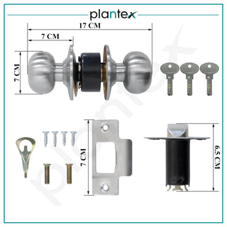 Plantex Stainless Steel Door Lock - Cylindrical Lock With 3 Keys/Tubular Door Knob/Lock For Main Door/Bedroom (Matt)
