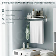 Plantex Premium Stainless Steel Bathroom Shelf/Multipurpose Rack with Towel Hooks & Hanger/Rod/Bathroom Organiser with Drill/Bathroom Stand-(2-Tier,Chrome)