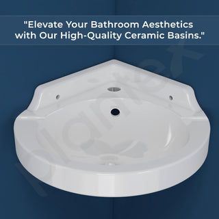Plantex White Corner Wash Basin/Wall Mount Basin for Bathroom/Ceramic Tabletop Basin with 10 Years Glaze Warranty by Plantex/Small Corner Sink (Breva, 14.5 x 14.5 x 5 Inch)