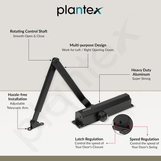 Plantex Premium Automatic Soft Door Closer for Heavy Duty Aluminium Auto Door Closer - Adjustable Hydraulic, ISO 9001 Certified (Capacity 75 Kg, Black)