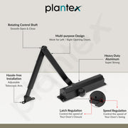 Plantex Aluminium Door Closer for Wooden Doors - Hydraulic Automatic Soft Close for Hotel/Home/Office - ISO 9001 Certified (MI-100, Capacity - 75 Kg, Black)
