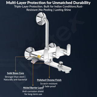 Plantex Pure Brass Wall Mixer for Bathroom 3 in 1 with L-Bend Provision for Overhead and Hand Shower with Water Saving Nozzle/ 7 Year Warranty by Plantex (ORN-219- Mirror-Chrome)